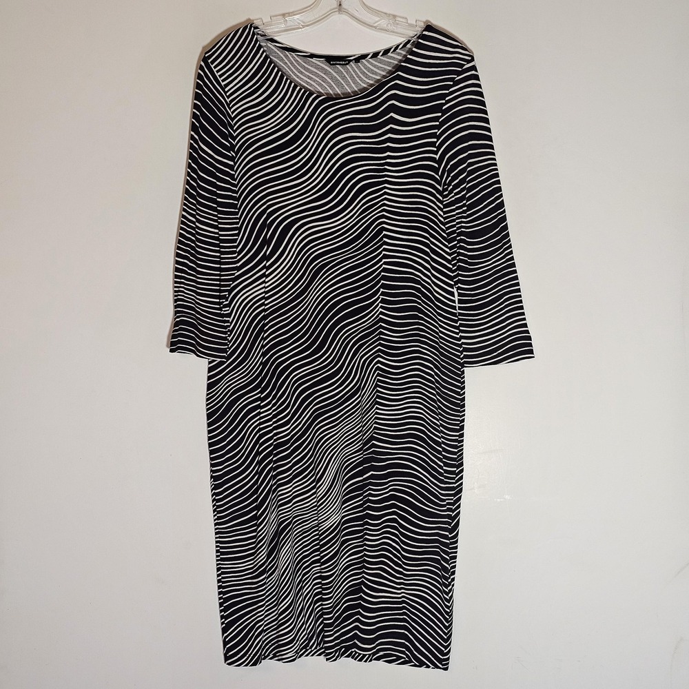 Marimekko Dress Womens Large Black Wave Stripe 3/4 Sleeve Shift Jersey Classic